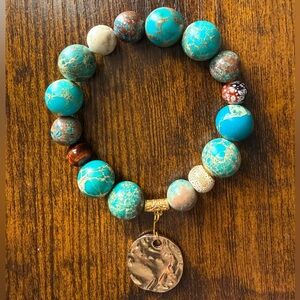 Turquoise Beaded Bracelet with Gold Charm